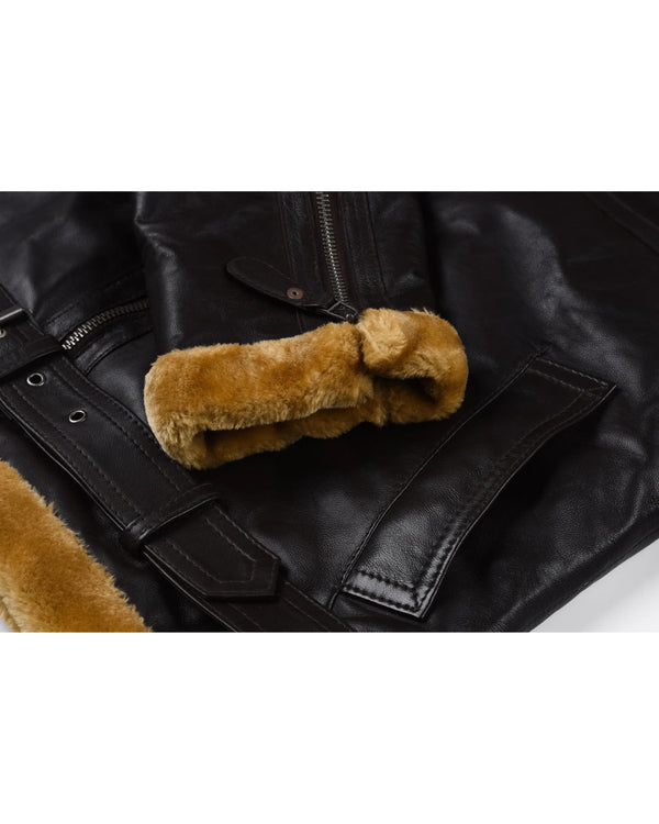 Men's Shearling Sheepskin Leather Jacket with Detachable Fur Collar