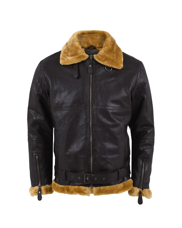 Men's Shearling Sheepskin Leather Jacket with Detachable Fur Collar