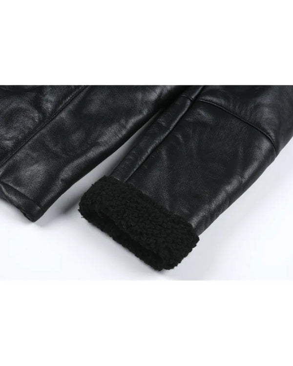 Black Sheepskin Leather Coats for Men with Shearling Lining