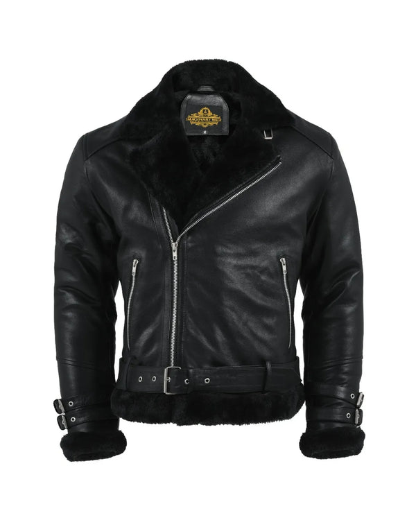 Men's Sheepskin Leather Biker Jacket with Shearling Lining