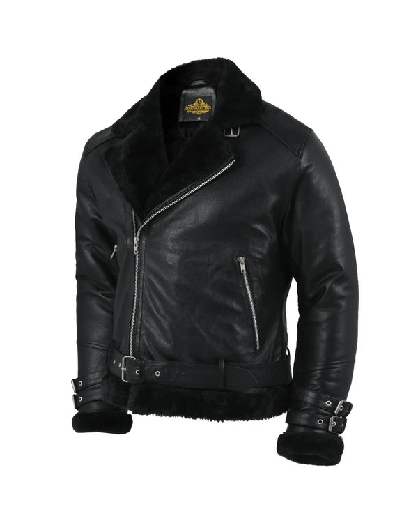 Men's Sheepskin Leather Biker Jacket with Shearling Lining