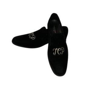 Hand made black embroidered loafers with golden monogram