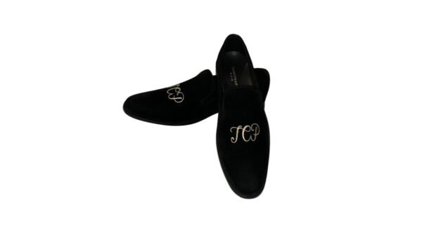 Hand made black embroidered loafers with golden monogram