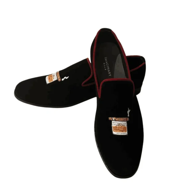 Black customised velvet loafers for men with the embroidery of a bottle of whiskey and cigar