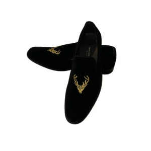 Black hand made velvet loafers for men with regal stag embroidery