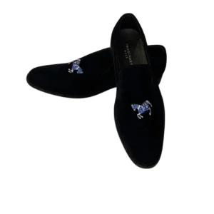 Customised Navy velvet loafers with horse embroidery for men