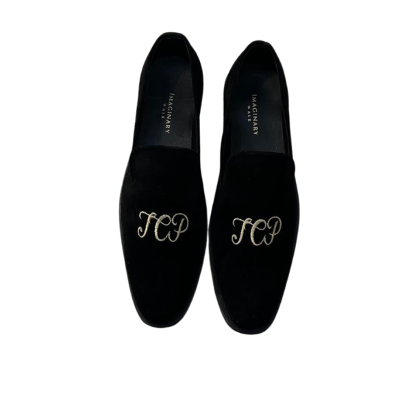 Hand made black embroidered loafers with golden monogram