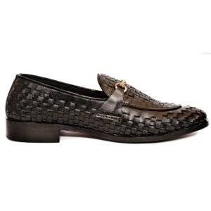 Black Woven Leather Loafer shoes for men with Gold Buckle